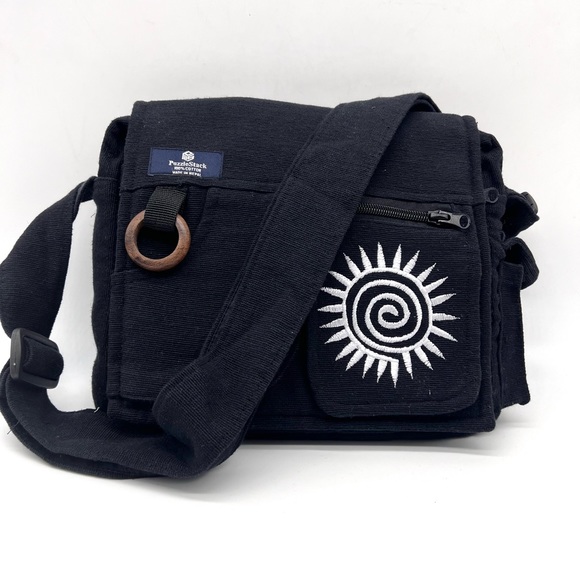 Lukla Black Messenger Bag with Swirl Embroidery - Picture 1 of 12